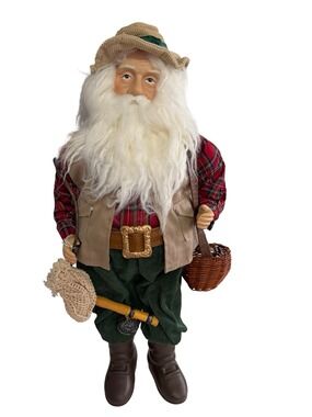 Vintage 21 Inch Fisherman Santa Claus Doll Woodland Christmas Fly Fishing Cabin